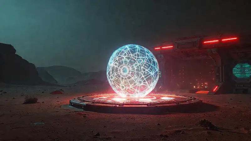 Esfera energética misteriosa en desierto futurista