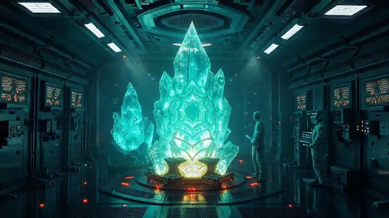 Laboratorio futurista con cristales y patrones brillantes
