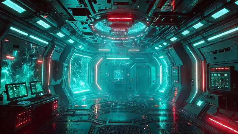 Cámara futurista con energía y distorsiones espaciales