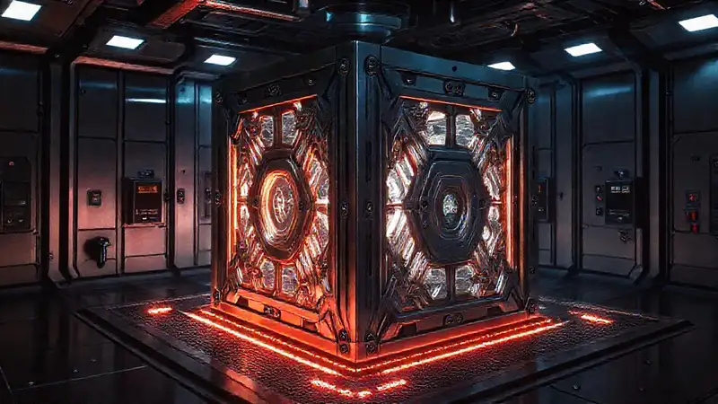 Laboratorio futurista con estructura metálica y seguridad