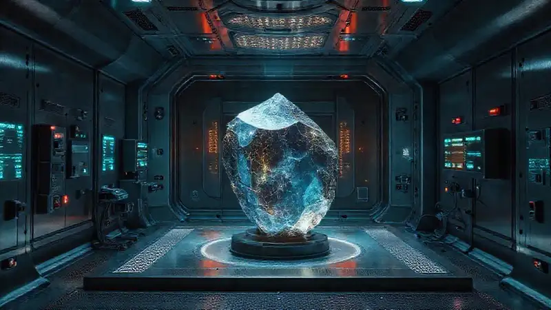 Cristal misterioso en laboratorio futurista protegido