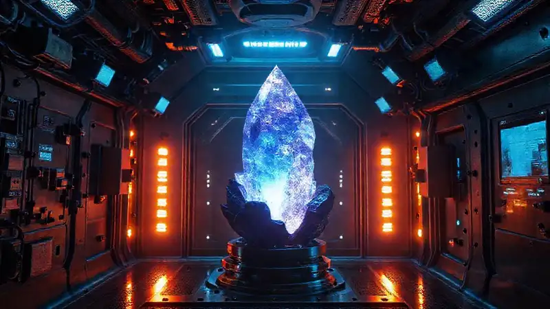 Cristal misterioso en laboratorio futurista brillante