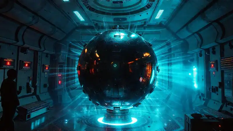 Esfera metálica en laboratorio futurista segura