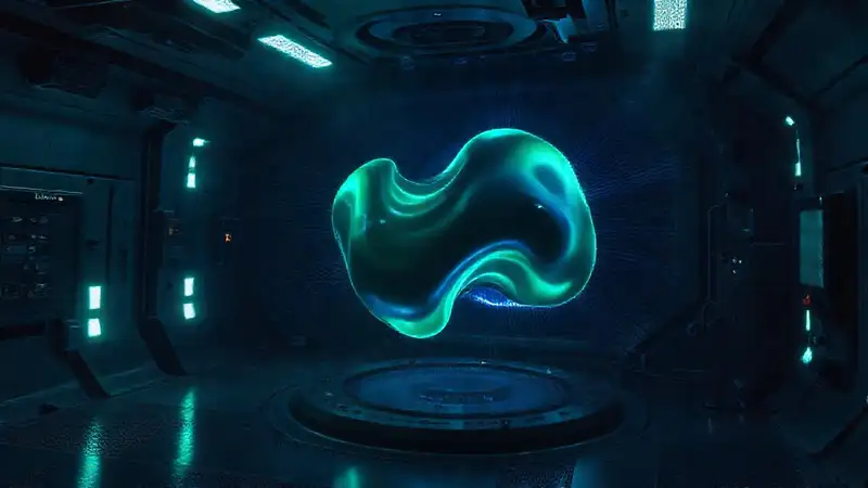 Forma amorfa luminosa en un entorno futurista