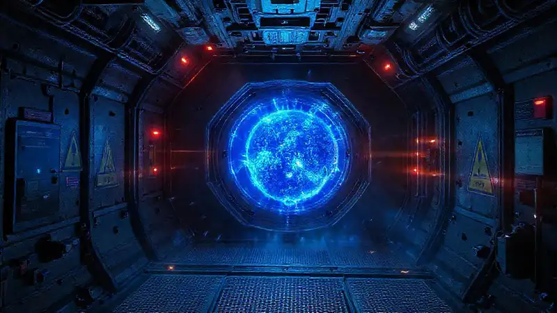 Cápsula futurista con energía fluctuante y tensión