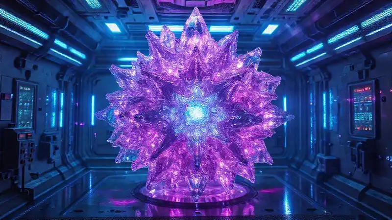 Cristal fractal brillante en laboratorio futurista