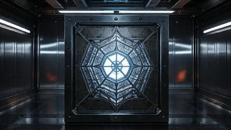 Cubo metálico misterioso en entorno futurista seguro