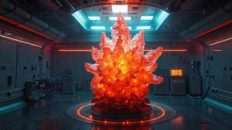 Cristal fractal brillante en laboratorio futurista