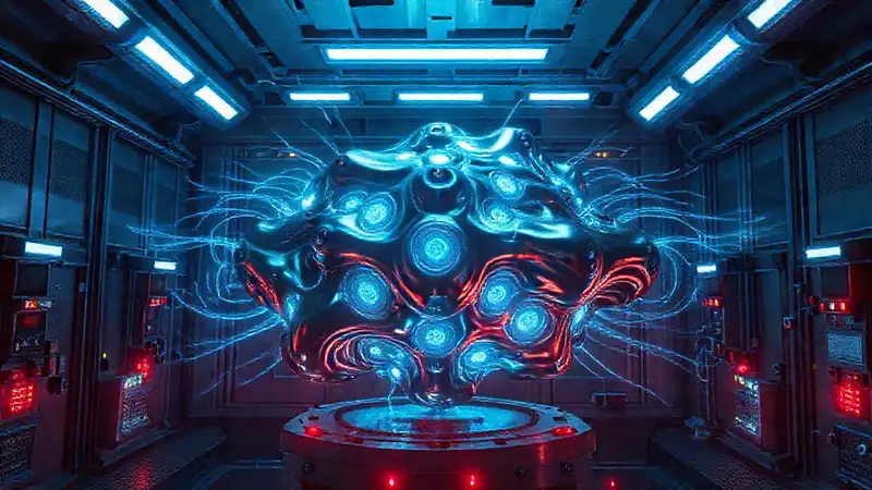 Estructura metálica, patrones luminosos y tecnología futurista