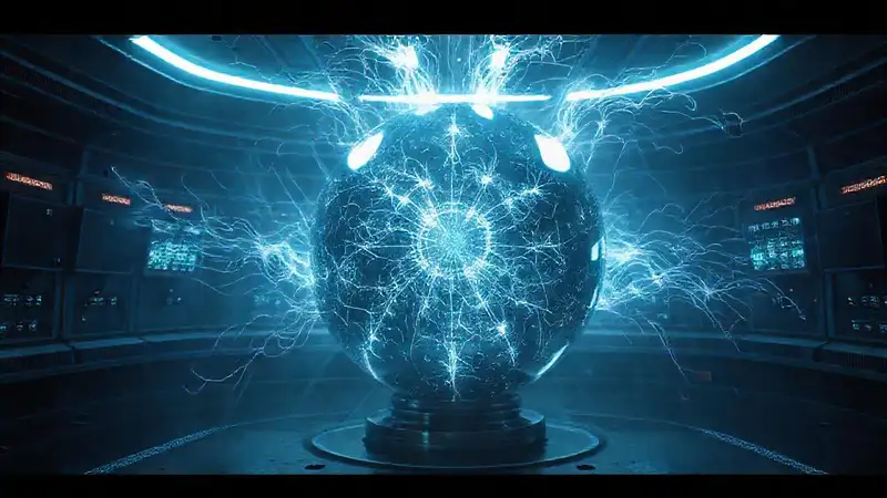 Esfera metálica luminosa en contenedor futurista