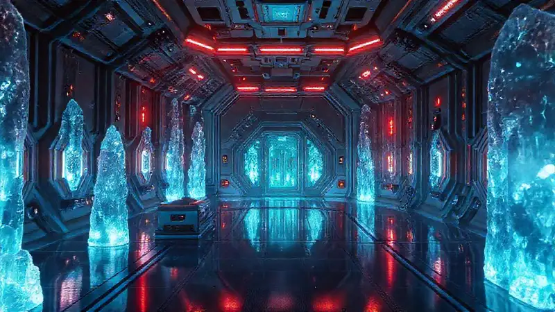 Estructuras cristalinas en una sala futurista segura