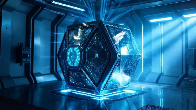 Cuboid metálico brillante en contención de alta seguridad