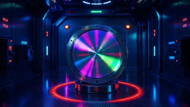 Disco iridiscente con luces en entorno seguro