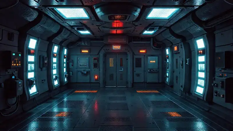Búnker futurista con sensores y ambiente tenso