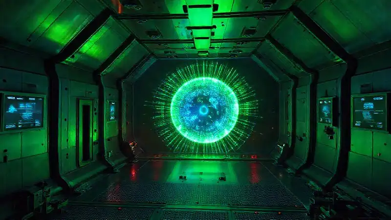 Laboratorio futurista con energía y alarma activa