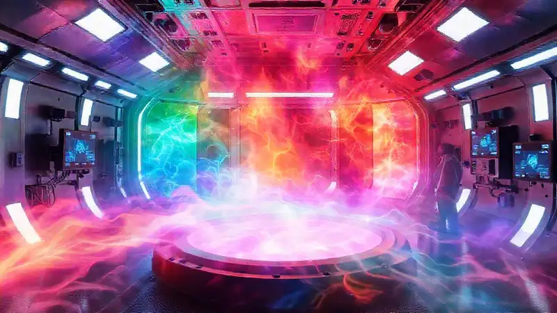 Sala futurista con plasma y advertencia
