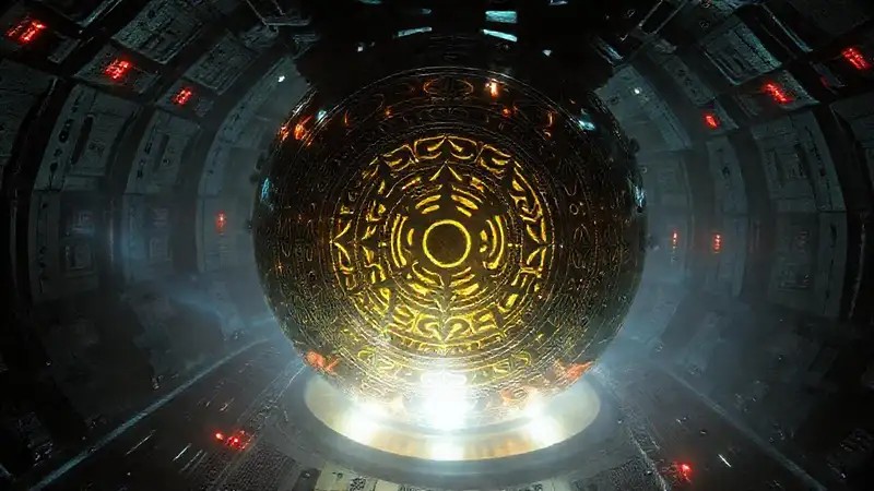 Esfera metálica misteriosa en ambiente futurista