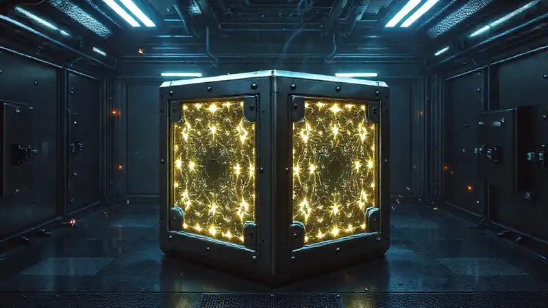 Cubo metálico con energía y seguridad futurista