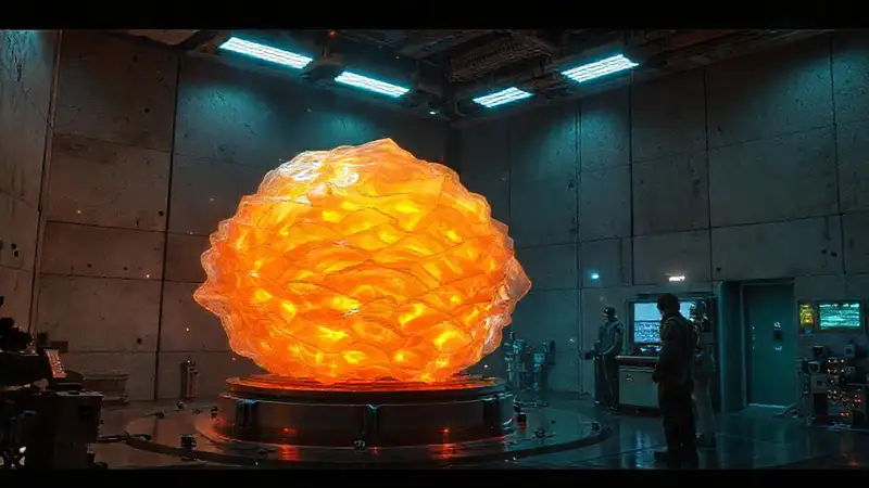 Laboratorio futurista con estructura luminosa y protección