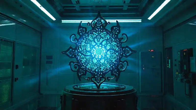 Escultura metálica misteriosa en entorno de alta seguridad