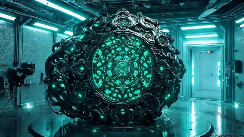 Escultura metálica misteriosa en entorno de alta tecnología