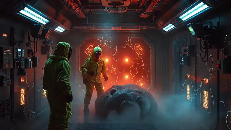 Personal con traje Hazmat en laboratorio futurista