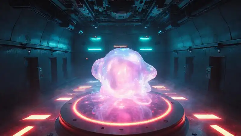 Objeto misterioso brillante en cámara futurista
