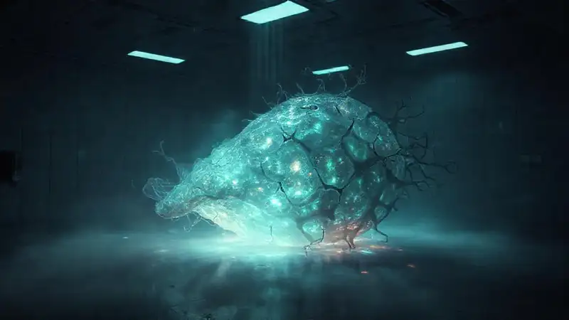 Estructura misteriosa en ambiente clínico y oscuro