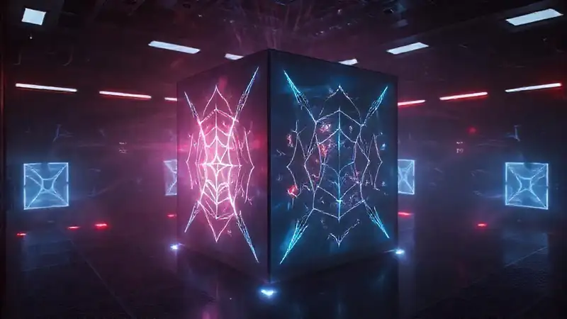 Cubo geométrico brillante en sala oscura