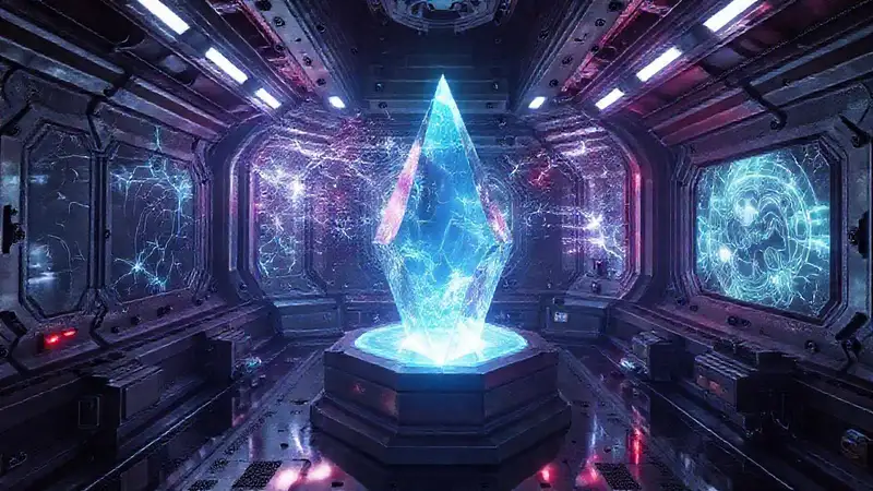 Prisma cristalino en cámara futurista de contención