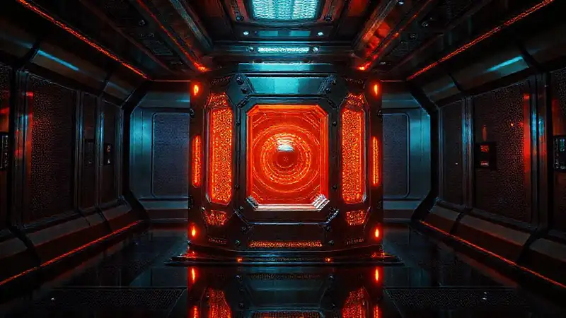 Cubo metálico futurista en contención de alta seguridad