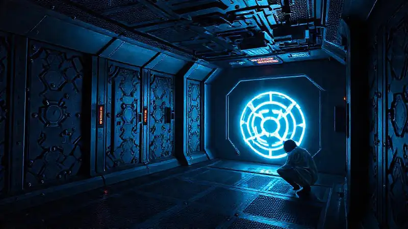 Laboratorio futurista con símbolos y seguridad