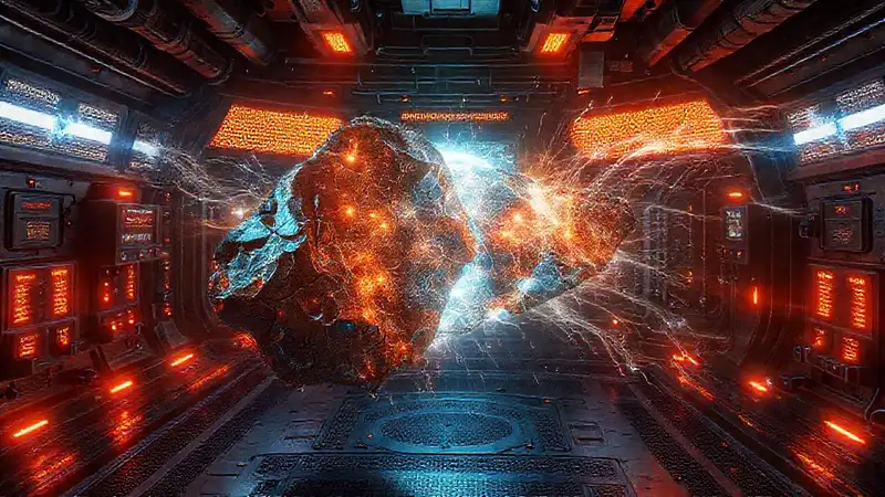 Fragmento metálico con energía en una cámara futurista