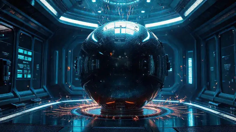Esfera metálica en contención futurista y misteriosa