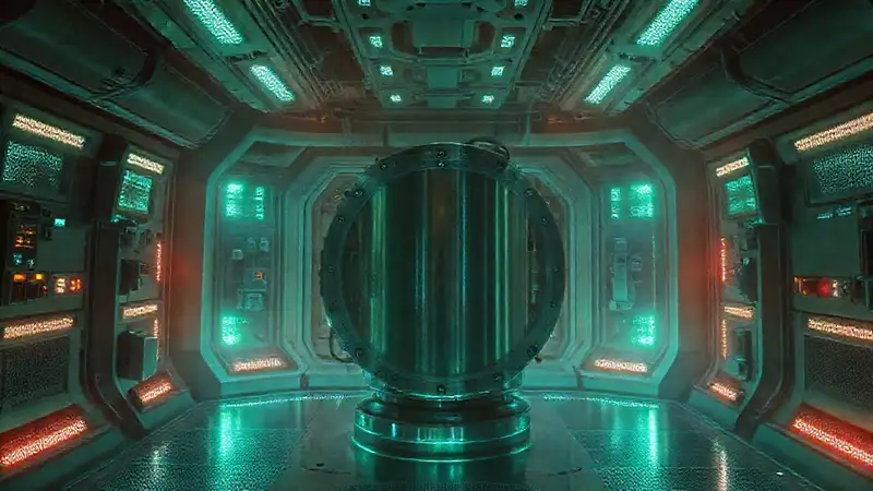 Objeto metálico misterioso en laboratorio futurista