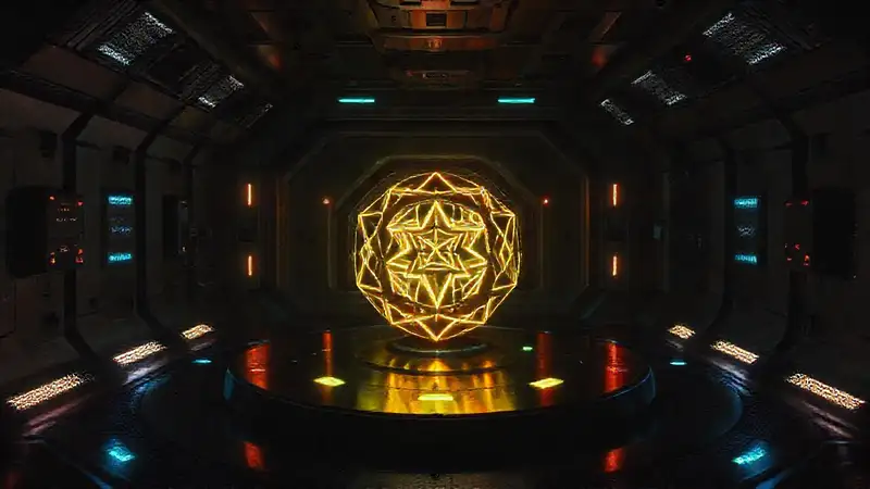Cámara futurista con patrones y iluminación misteriosa