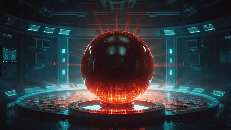 Esfera metálica brillante en entorno peligroso y misterioso