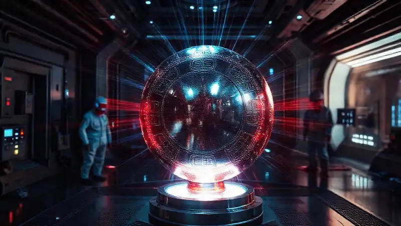 Esfera metálica brillante en un laboratorio futurista