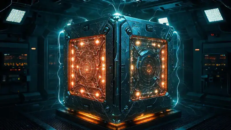 Cubo metálico misterioso en contención futurista