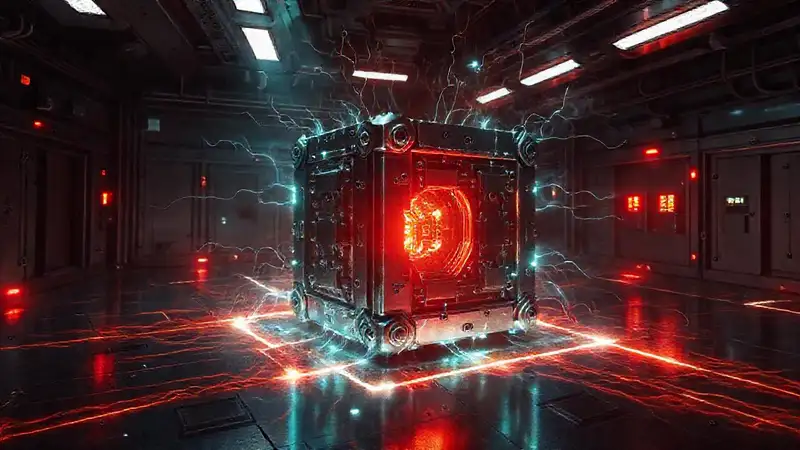 Cubo metálico misterioso en contención segura