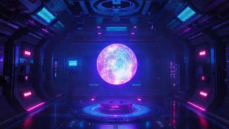 Esfera luminosa en cámara futurista y peligrosa