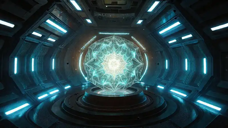 Núcleo cristalino brillante en confinamiento futurista