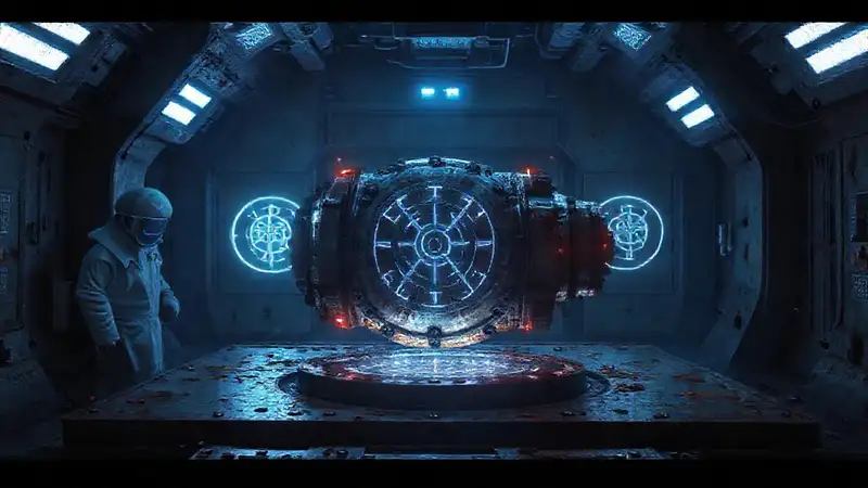 Artefacto metálico misterioso en contención futurista