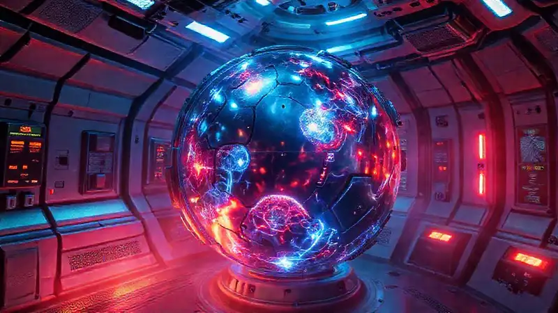 Esfera metálica peligrosa en contenedor futurista
