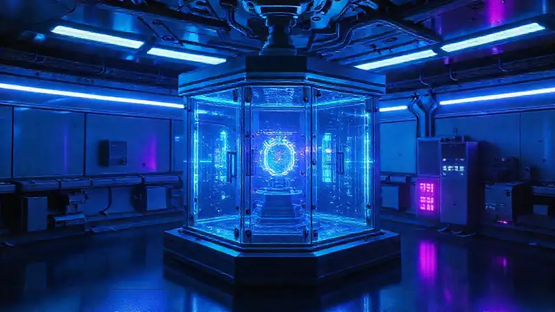 Laboratorio futurista con cubo electromagnético brillante