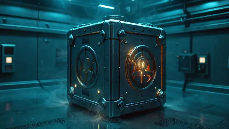 Cubo metálico misterioso en contención futurista