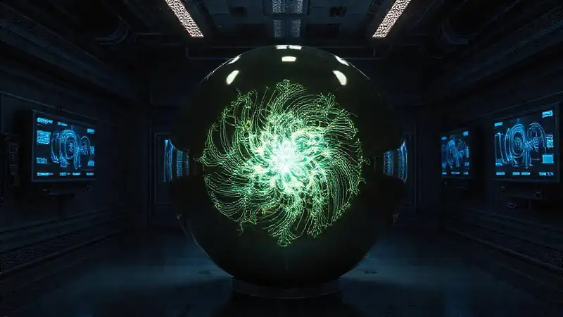 Esfera metálica con patrones fractales brillantes