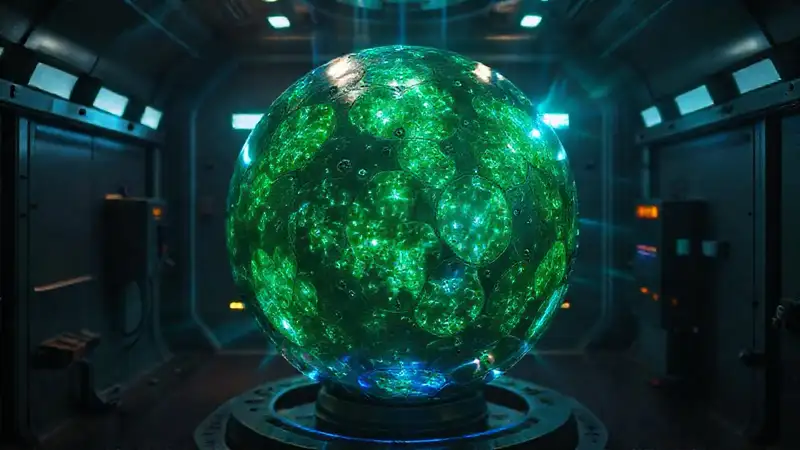 Esfera metálica luminosa y peligrosa en contención