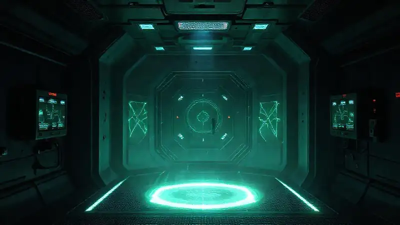 Sala futurista con energía y advertencias