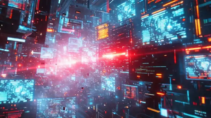 Caos digital con luz y misterio futurista